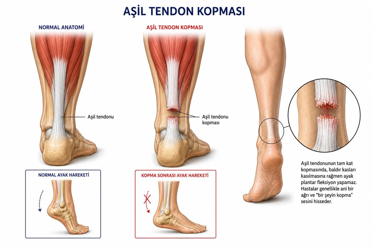 Normal Aşil tendonu ile Aşil tendon kopmasını karşılaştıran çizim