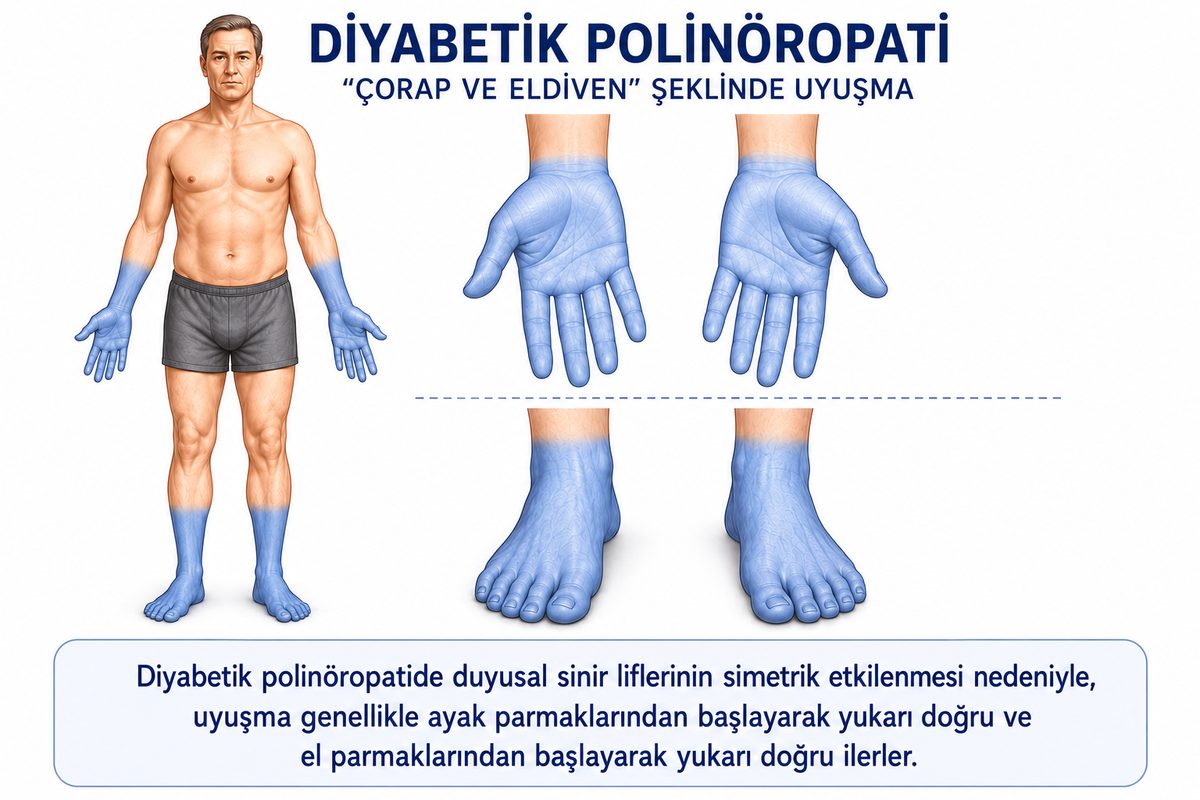 Diyabetik polinöropatide ellerde ve ayaklarda çorap ve eldiven şeklinde uyuşma alanlarını gösteren çizim
