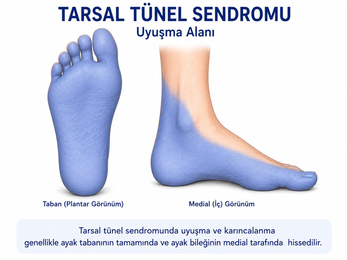 Tarsal tünel sendromunda ayak tabanı ve ayak bileği iç yanındaki uyuşma alanını gösteren çizim