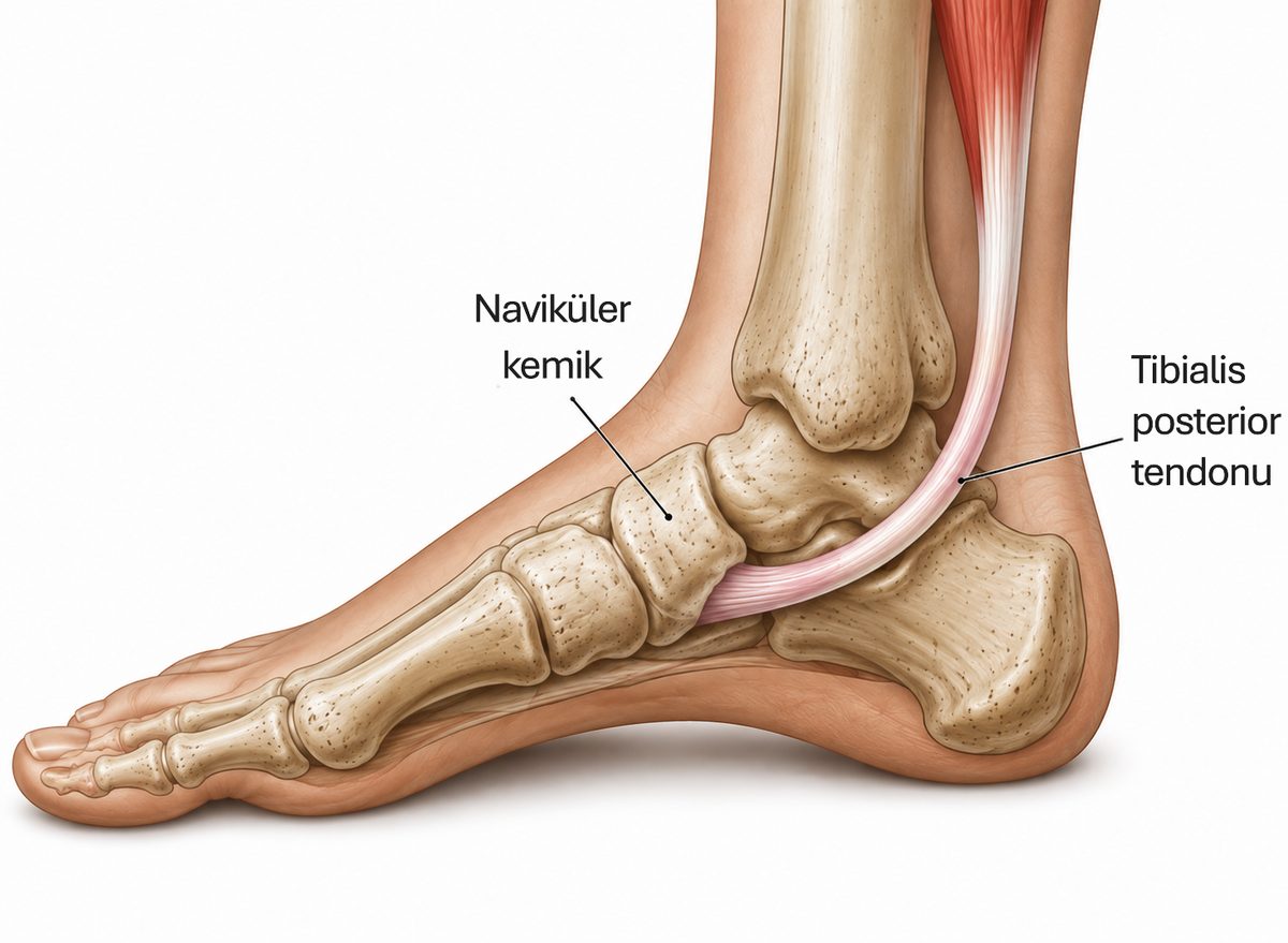 Ayak ve ayak bileğinin iç yan taraftan görünüşü ve tibialis posterior tendonu