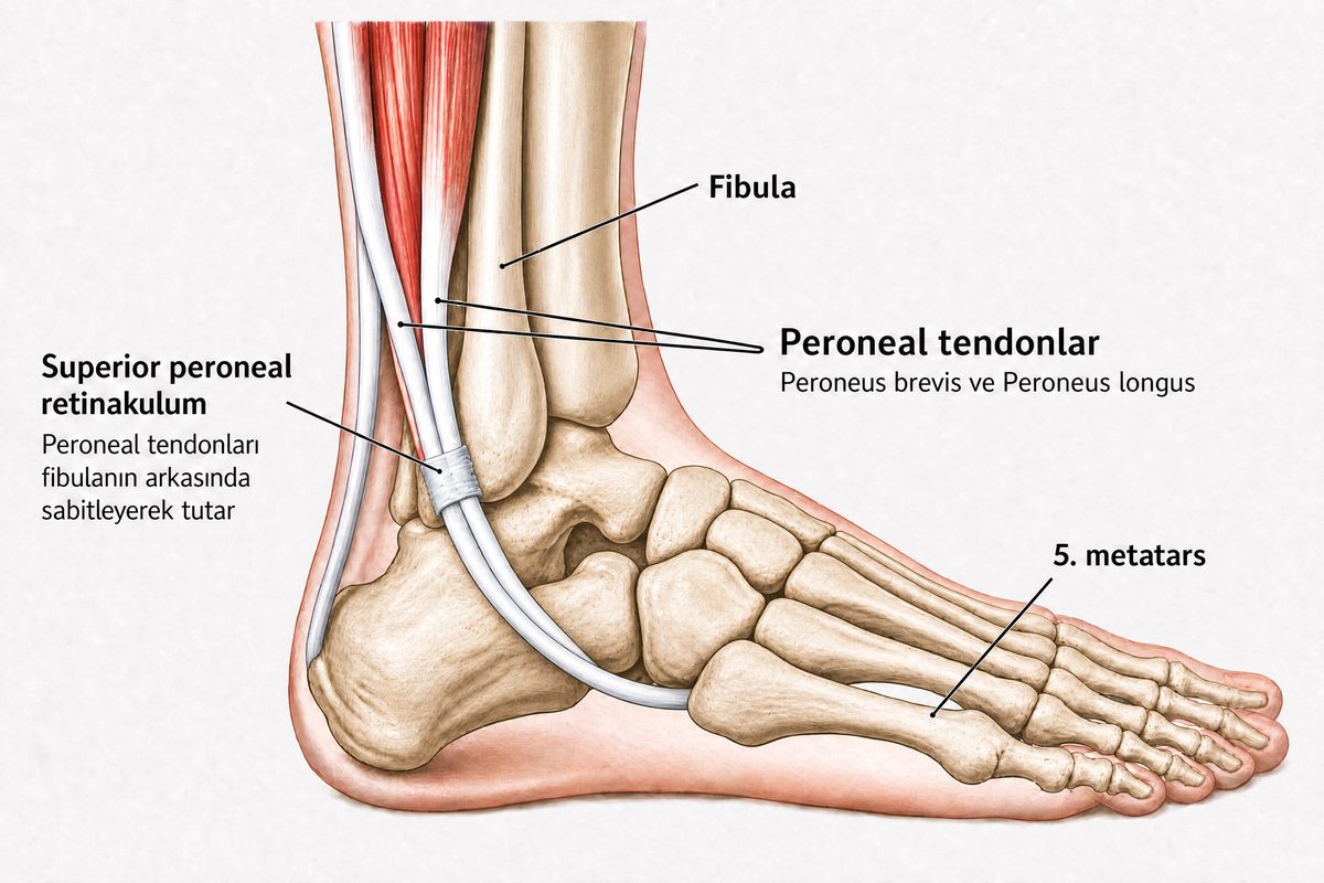 Bu anatomik çizimde ayağın dış yanındaki peroneal tendonlar ve bunların ayak bileği çevresindeki seyri görülmektedir