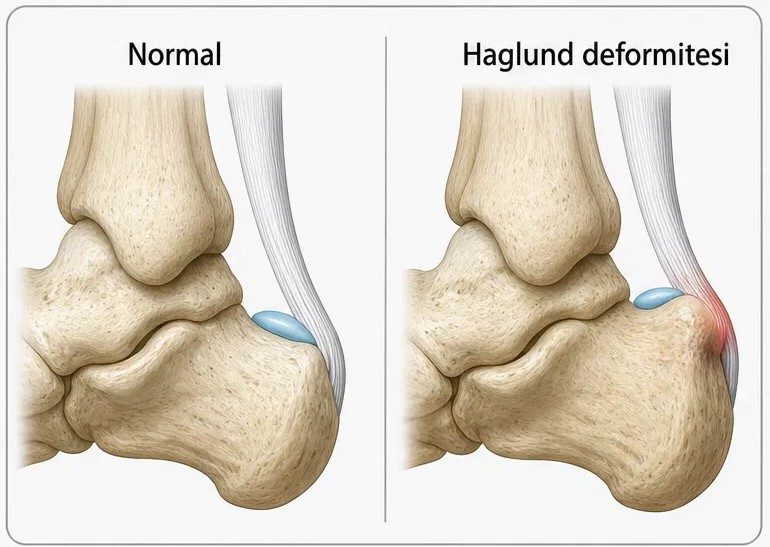Haglund deformitesinde topuk kemiğinin (kalkaneus) arka-üst bölümünde kemik çıkıntısı bulunur